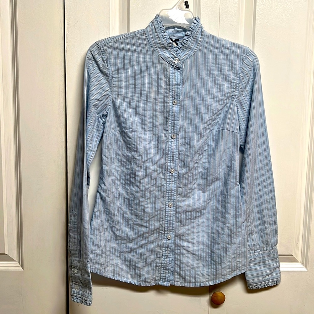 American Eagle Blue White Stripe Long Sleeve Cotton Ruffle Top Size 0